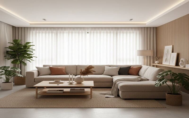 Casa e decoração moderna com sala de estar elegante, móveis contemporâneos e iluminação natural