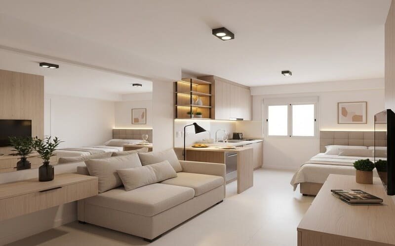 Decoração de interiores para ambientes pequenos com móveis planejados e cores claras