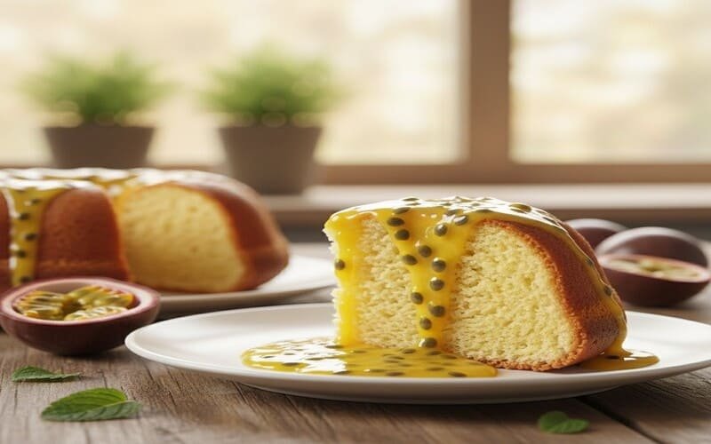 fatia de bolo de maracujá fofinho