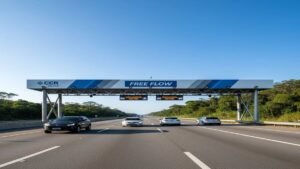 Sistema Free Flow da CCR RioSP com pórtico eletrônico em rodovia