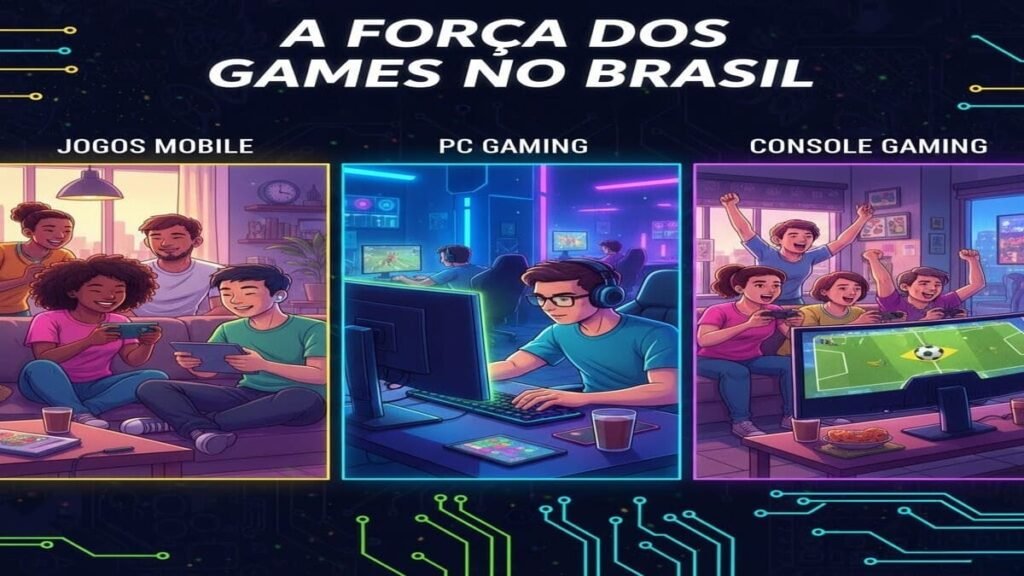 Pessoas de diferentes idades jogando videogame e celular representando a cultura gamer no Brasil