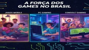 Pessoas de diferentes idades jogando videogame e celular representando a cultura gamer no Brasil