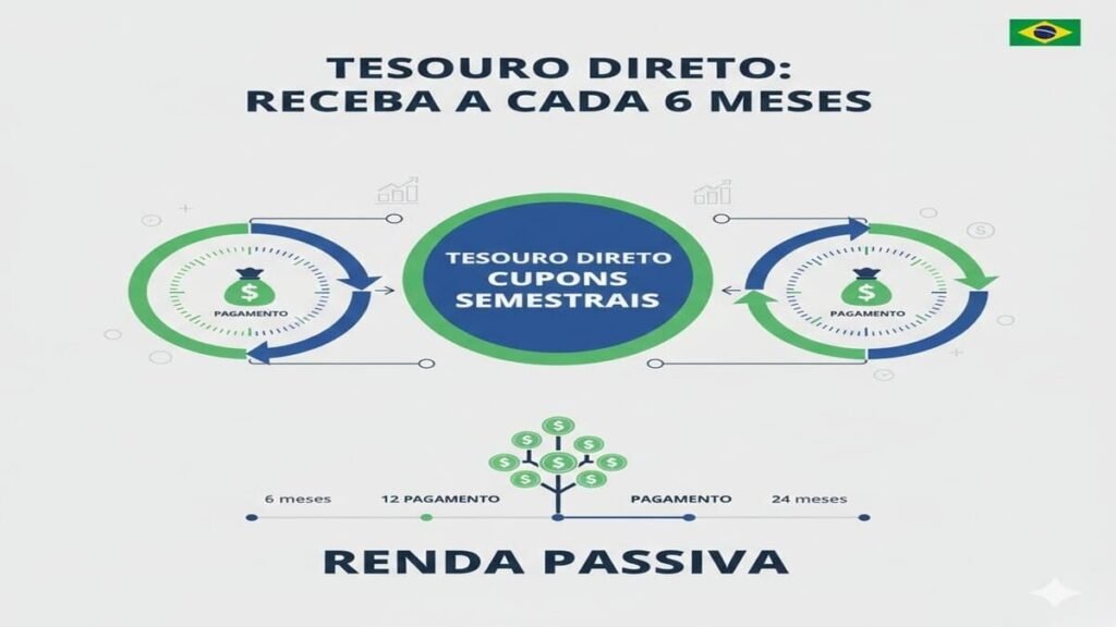 Ilustração explicativa sobre juros semestrais no Tesouro Direto com pagamentos de cupons a cada seis meses.