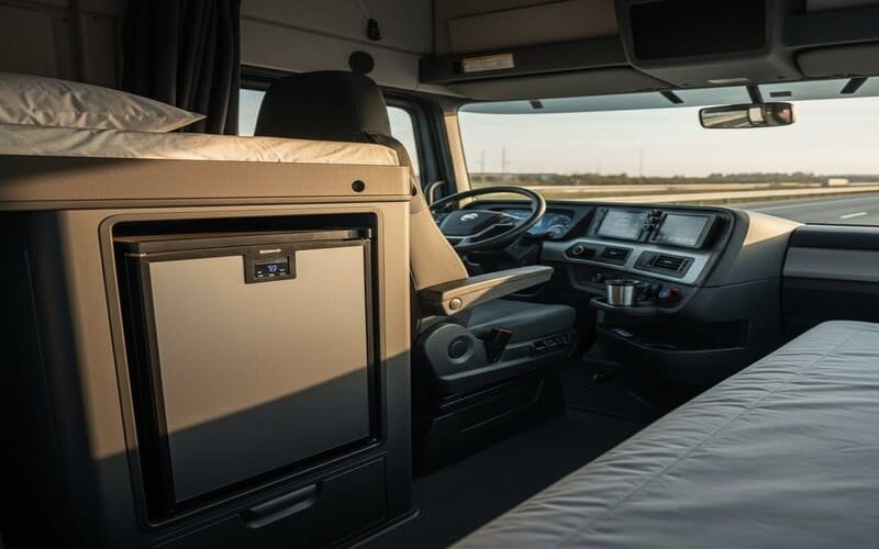 Mini geladeira instalada na cabine de caminhão para conforto do motorista