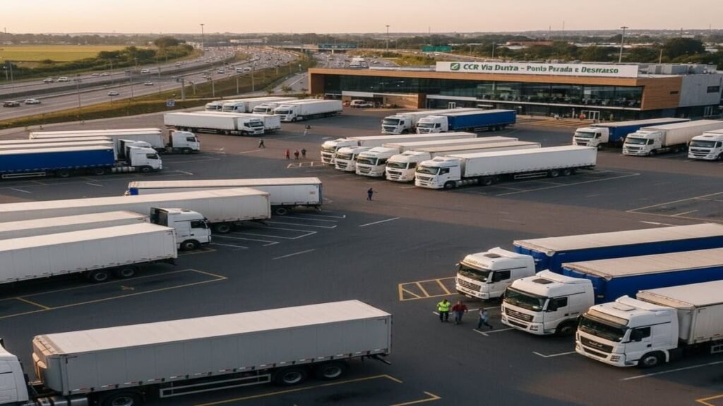 Motoristas de caminhão utilizando ponto de parada e descanso na rodovia