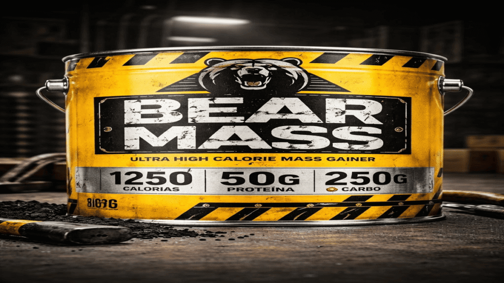 Ilustração de uma lata de suplemento hipercalórico amarela com design industrial, escrita Bear Mass e ícone de um urso preto, em cenário de oficina.