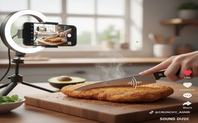 Criação de conteúdo ASMR de comida para TikTok, formato que impulsiona tendências virais de consumo