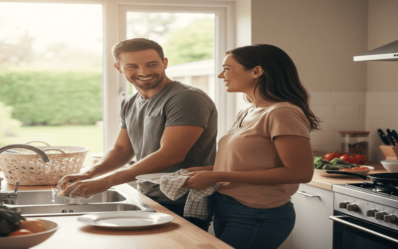 Casal dividindo tarefas e responsabilidades no relacionamento