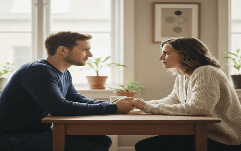 Casal dialogando com respeito e atenção, simbolizando comunicação emocional e segurança no relacionamento.