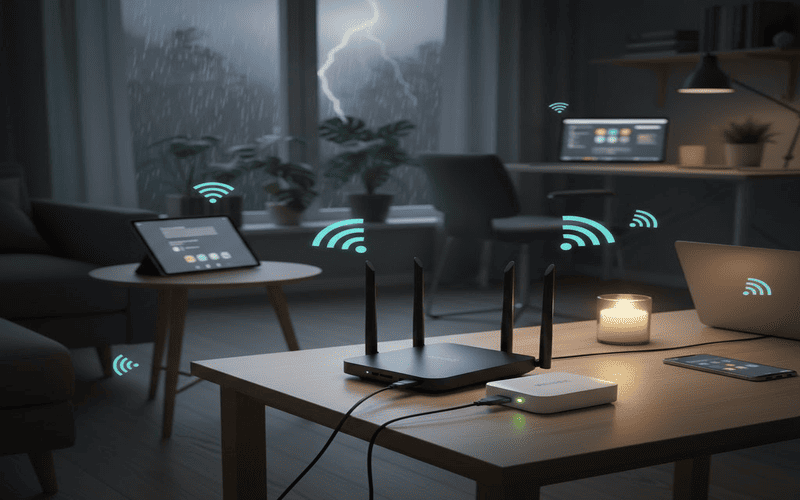 Nobreak para roteador mantendo conexão Wi-Fi estável durante queda de energia em ambiente residencial moderno
