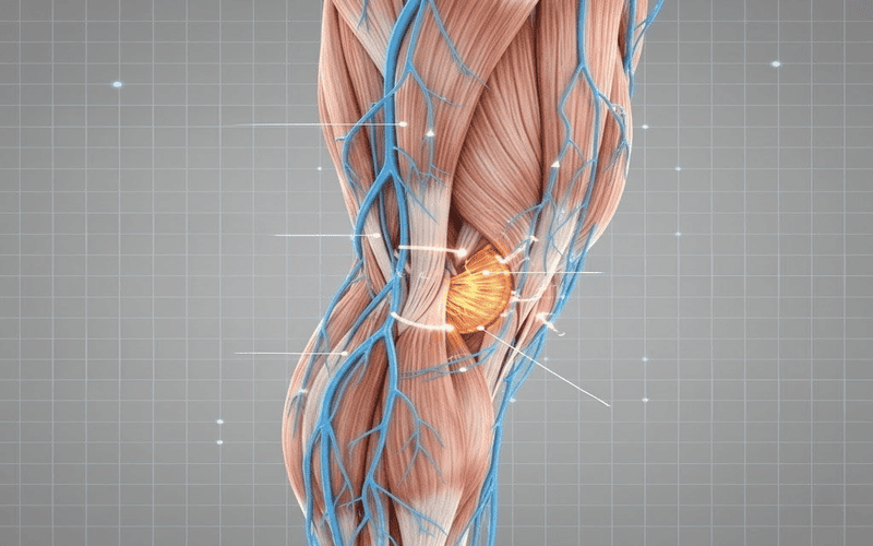 Ilustração da panturrilha com sistema nervoso e controle neuromuscular relacionado às cãibras