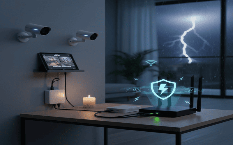 Mini nobreak para roteador Wi-Fi protegendo modem e internet durante queda de energia em residência