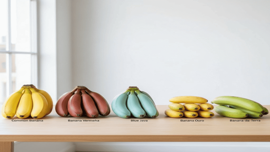 Diversos tipos de banana organizados lado a lado em cores variadas