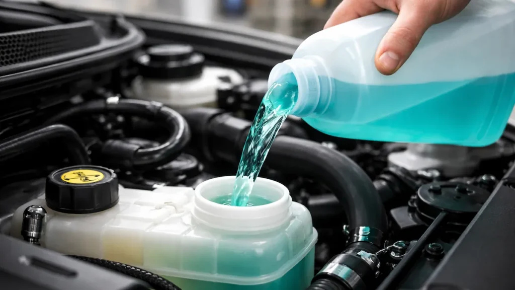 aditivo para radiador sendo colocado no reservatório de um carro