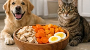 alimentação natural para pets com tigela de ingredientes frescos para cão e gato