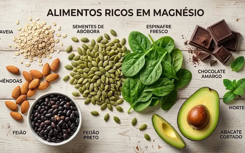 Alimentos ricos em magnésio incluindo sementes de abóbora espinafre amêndoas feijão preto abacate e chocolate amargo