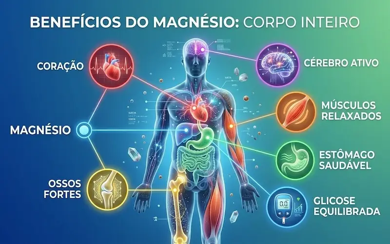 Ilustração dos benefícios do magnésio para o corpo humano incluindo saúde óssea sono energia saúde mental e controle da glicose