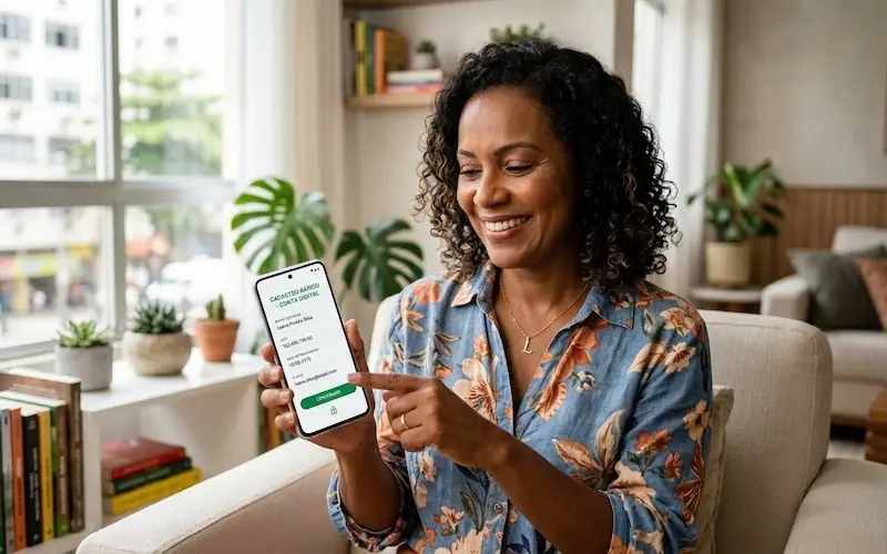 Mãe realizando cadastro rápido do Tesouro Direto para menor de idade pelo celular em menos de 10 minutos