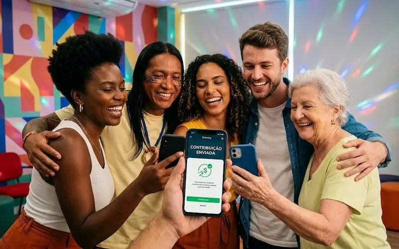 Grupo de amigos e familiares contribuindo juntos em campanha do Tesouro Direto Coletivo pelo celular