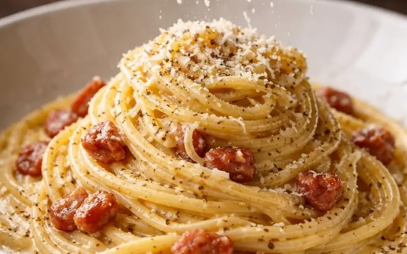 Prato finalizado de espaguete à carbonara servido com queijo parmesão ralado e bacon crocante pronto para servir