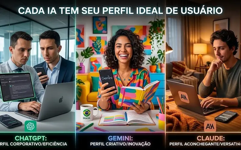 Três perfis diferentes de usuários representando os casos de uso ideais do ChatGPT Gemini e Claude