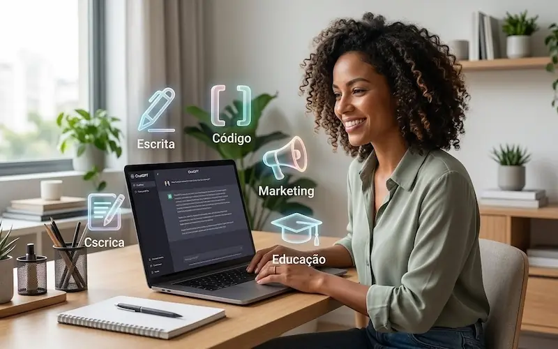 Pessoa usando ChatGPT no notebook em home office para aumentar produtividade em escrita código e marketing digital