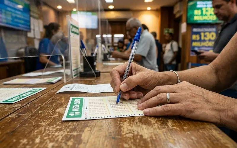 pessoa preenchendo volante da Mega-Sena em casa lotérica