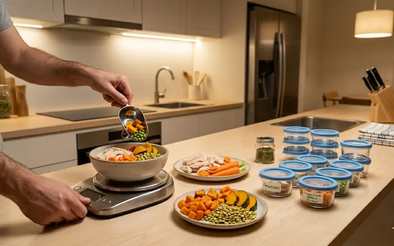 tutor preparando alimentação natural para cachorro na cozinha