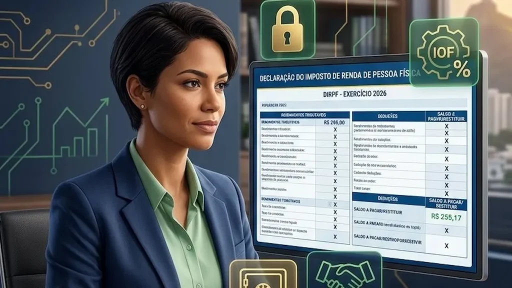 Ilustração de pessoa declarando investimentos do Tesouro Direto no Imposto de Renda com documentos financeiros organizados