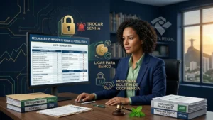 Ilustração de pessoa preenchendo a declaração do Imposto de Renda 2026 com documentos organizados e computador