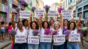 Mulheres brasileiras diversas celebrando o Dia Internacional da Mulher em 8 de março com flores e cartazes de empoderamento