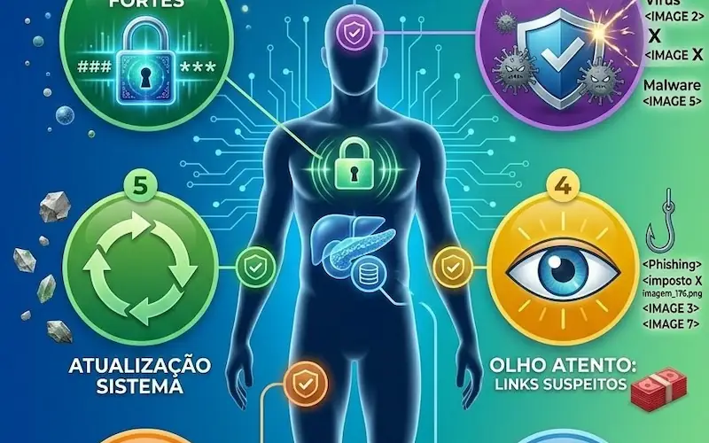 Ilustração com dicas de segurança digital incluindo senhas fortes autenticação em dois fatores e uso de antivírus