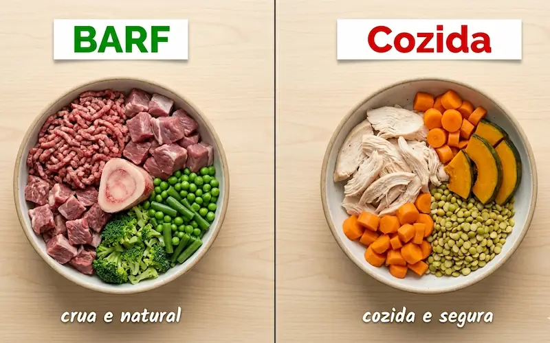 comparação entre dieta BARF crua e alimentação natural cozida para pets