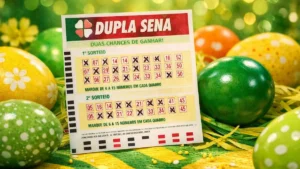 Dupla de Páscoa 2026 volante com dezenas marcadas e ovos de páscoa ao fundo
