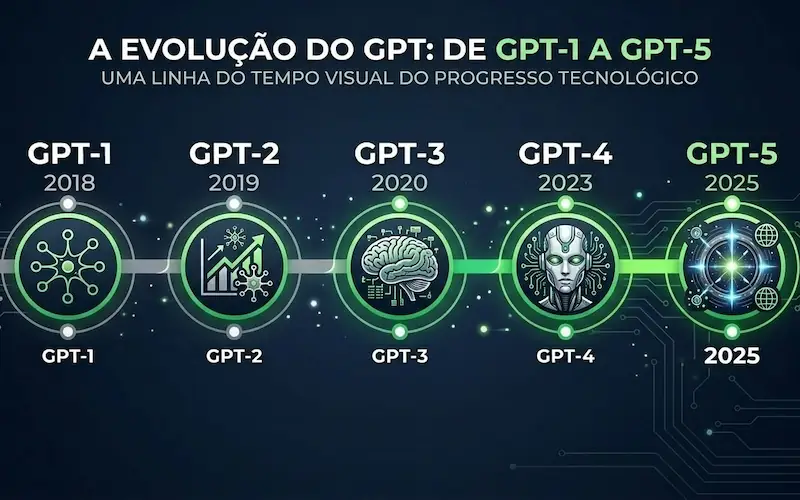 Linha do tempo da evolução dos modelos GPT do ChatGPT desde o GPT-1 em 2018 até o GPT-5 em 2025