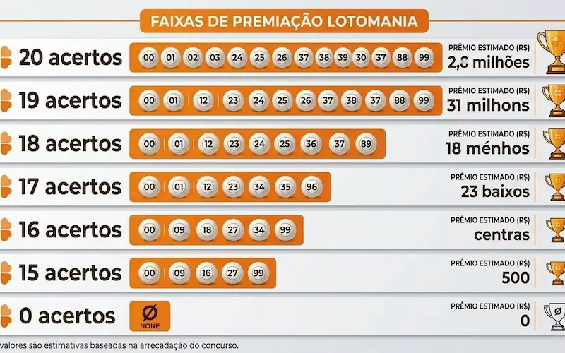 infográfico com as sete faixas de premiação da Lotomania
