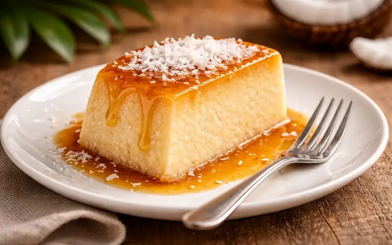 Fatia de flan de coco cremoso mostrando textura interna perfeita e uniforme com calda dourada