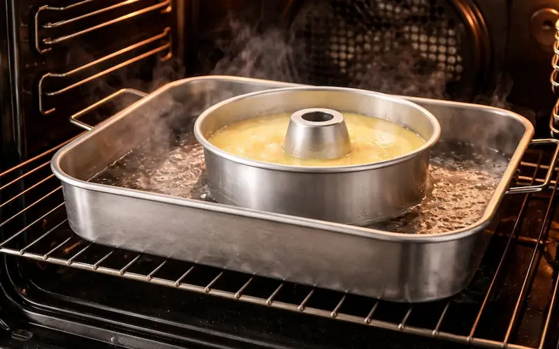 Flan de coco sendo assado em banho-maria no forno a 180 graus dentro de assadeira com água quente