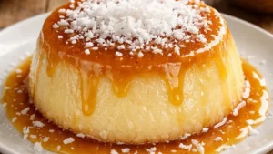 Flan de coco cremoso desenformado com calda dourada e coco ralado por cima em prato branco