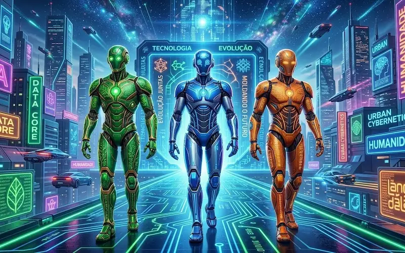 Ilustração futurista representando a evolução contínua do ChatGPT Gemini e Claude como as principais IAs do futuro