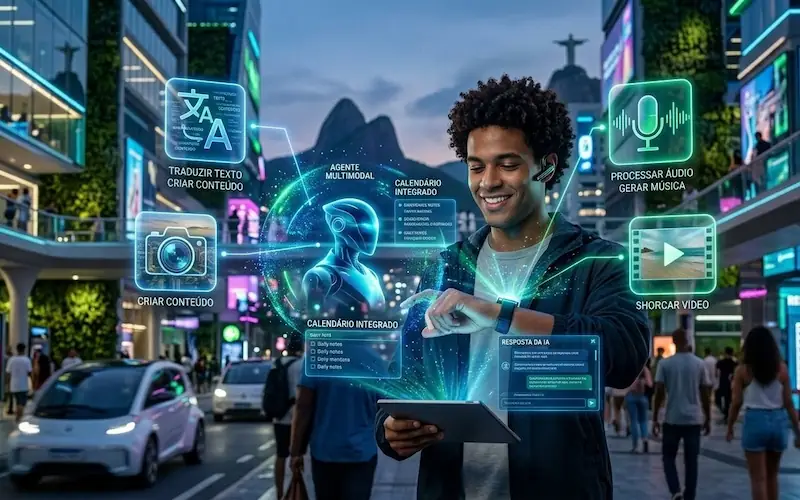 Ilustração futurista do ChatGPT como assistente de IA multimodal autônomo integrado ao cotidiano humano