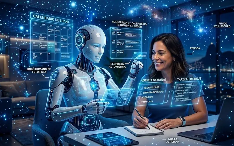 Ilustração futurista representando o Gemini como agente autônomo capaz de organizar tarefas e compromissos de forma independente