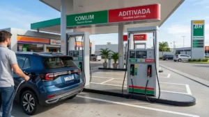 gasolina comum e aditivada sendo comparadas no momento do abastecimento