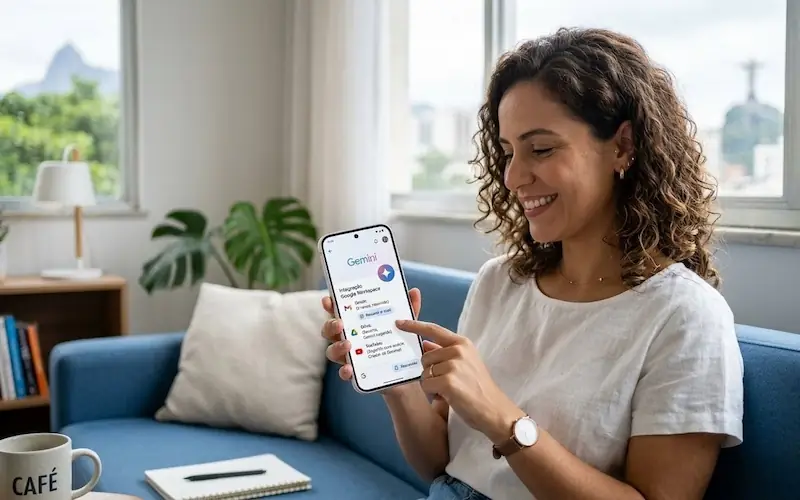 Pessoa usando o Gemini integrado ao Gmail Google Drive e YouTube no smartphone Android