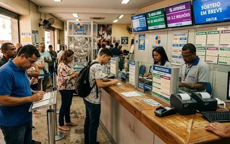 lotérica brasileira movimentada com apostadores fazendo jogos