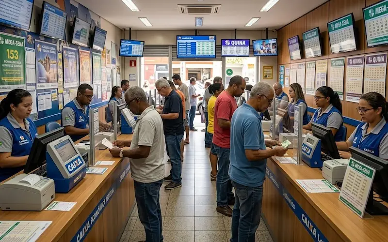 interior de lotérica brasileira com apostadores no balcão