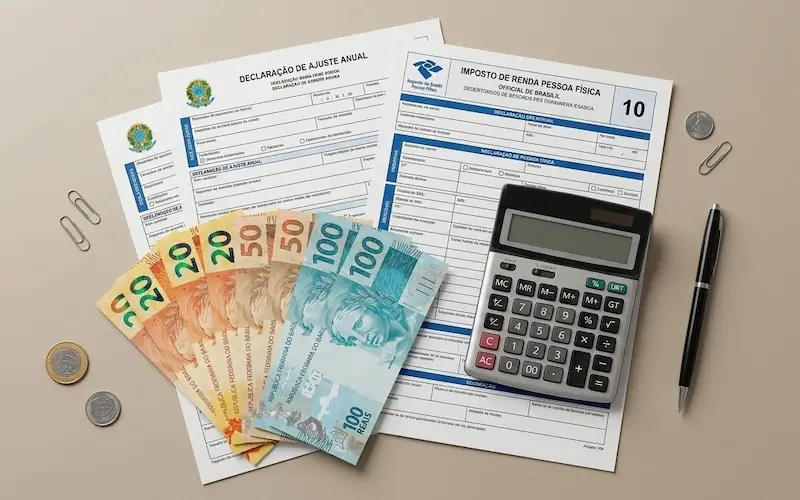 Calculadora e documentos de imposto de renda representando as taxas cobradas no resgate antecipado do Tesouro Direto