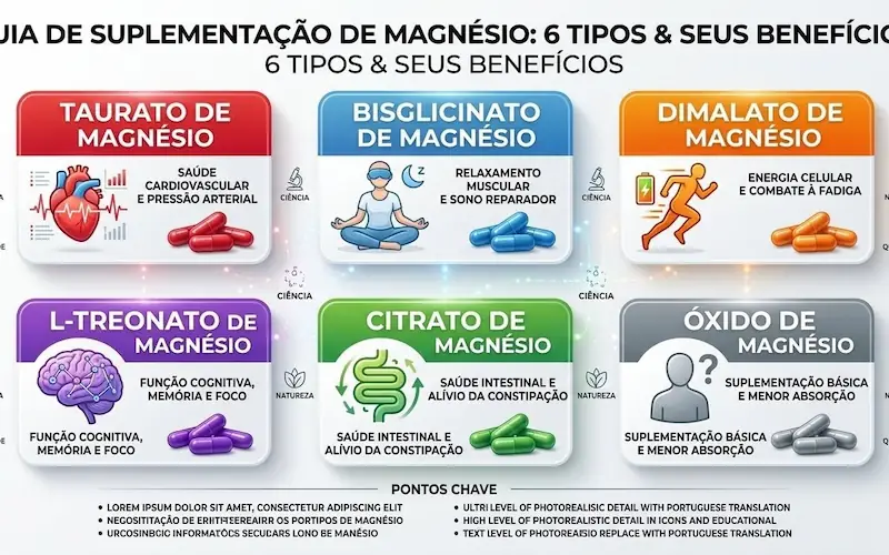 Infográfico comparativo dos principais tipos de magnésio e suas indicações para coração energia sono cognição e intestino