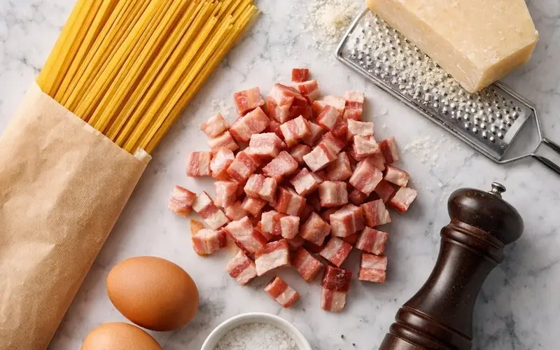 Ingredientes da receita de macarrão à carbonara incluindo espaguete bacon ovos parmesão e pimenta-do-reino
Legenda: Apenas seis ingredientes simples e de qualidade são necessários para fazer o autêntico espaguete à carbonara italiano — sem creme de leite e sem complicação