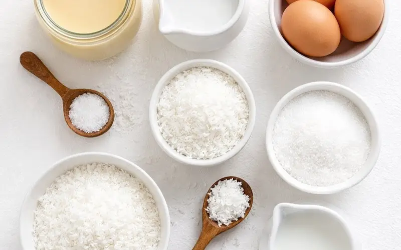 Ingredientes do flan de coco cremoso incluindo leite condensado leite de coco ovos açúcar e coco ralado